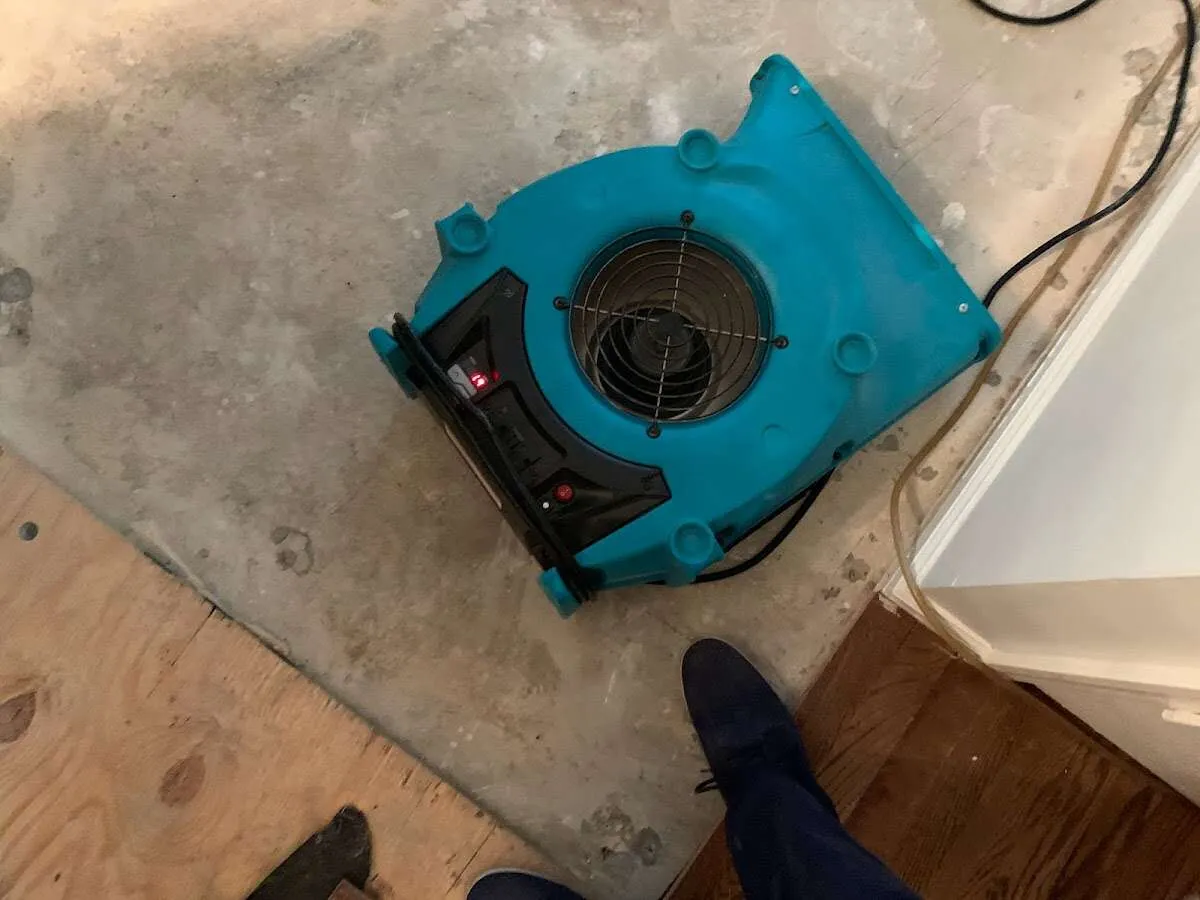 Air mover drying subfloor during Leak Detection & Repair in Avon